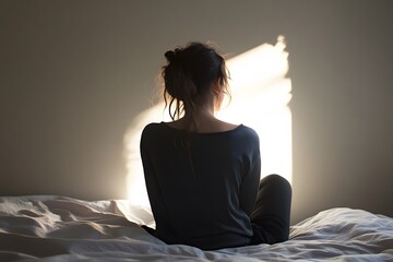 A woman sitting on a bed looking at the incoming sunlight, longitudinal lighting spotlight