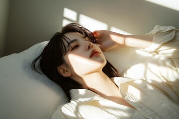 A woman lying on a bed looking at the incoming sunlight, Covering the sunlight with one hand, longitudinal lighting spotlight