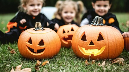 Obraz premium A cozy family Halloween night at home with glowing pumpkins on the porch