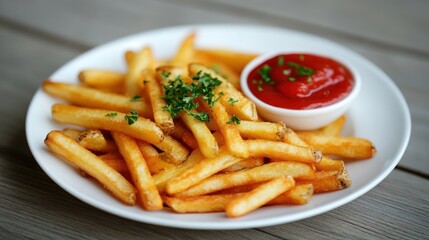 A plate of golden brown french fries with a small white dish of ketchup and parsley garnish on a wooden table.