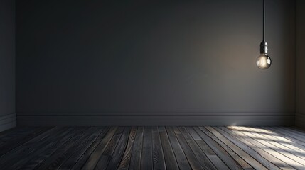 Dark empty room with single flickering light bulb casting long shadows, emphasizing absence of power and eerie atmosphere, minimalist setting with focus on light bulb's glow.