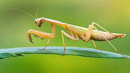 A green praying mantis perched on a blade of grass with a blurred green background.