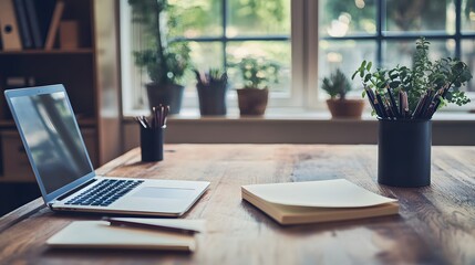 11. A chic workspace with stationery and an empty desk area for a product