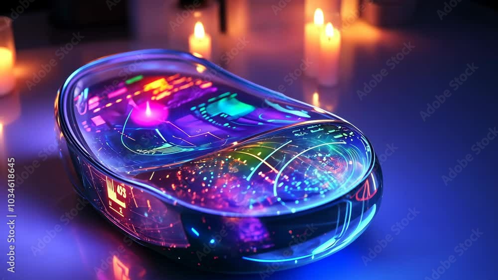 Poster a futuristic, glowing computer mouse sits on a surface with soft candlelight in the background