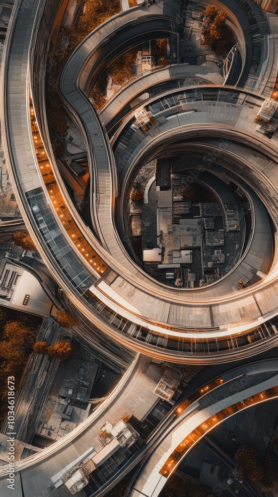 Poster aerial view of modern building with complex spiral structure