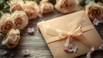 Friendship card placed on a wooden table, surrounded by decorative elements like flowers and ribbon, a cheerful mood, blurred background with hints of a personal note written inside 