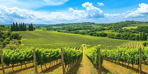 Lush vineyard rows stretching towards the horizon with green hills and blue skies.