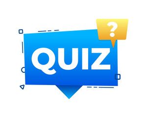 Blue and yellow speech bubble announcing online quiz