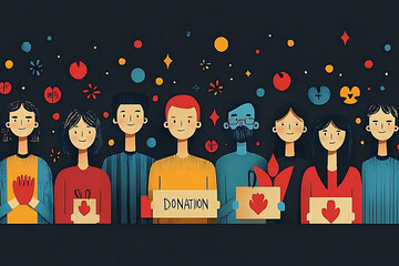 Flat art style illustration showing a fundraising event with people donating, holding charity symbols, and supporting a philanthropic cause.
