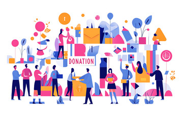 Flat art style illustration showing a fundraising event with people donating, holding charity symbols, and supporting a philanthropic cause.

