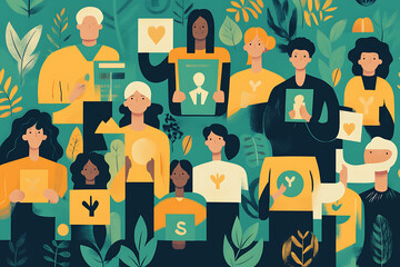 Flat art style illustration showing a fundraising event with people donating, holding charity symbols, and supporting a philanthropic cause.
