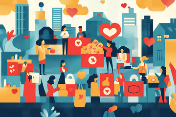 Flat art style illustration showing a fundraising event with people donating, holding charity symbols, and supporting a philanthropic cause.
