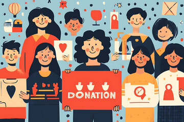 Flat art style illustration showing a fundraising event with people donating, holding charity symbols, and supporting a philanthropic cause.
