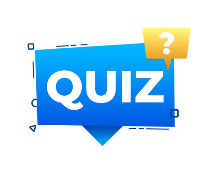 Blue and yellow speech bubble announcing online quiz