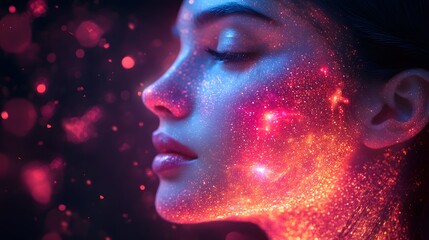 Beautiful female face. Radiant rays emanate from the face. The rays end with pictures of mitochondria, blood vessels, and rose hips.