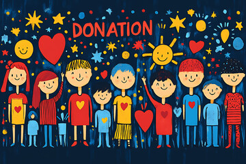 Flat art style illustration showing a fundraising event with people donating, holding charity symbols, and supporting a philanthropic cause.

