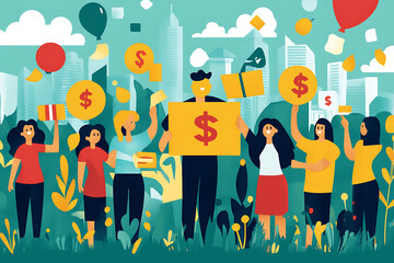 Flat art style illustration showing a fundraising event with people donating, holding charity symbols, and supporting a philanthropic cause.
