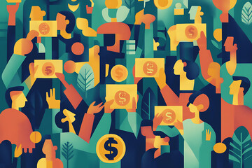 Flat art style illustration showing a fundraising event with people donating, holding charity symbols, and supporting a philanthropic cause.
