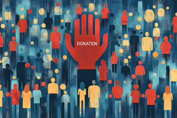 Flat art style illustration showing a fundraising event with people donating, holding charity symbols, and supporting a philanthropic cause.
