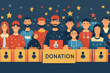 Flat art style illustration showing a fundraising event with people donating, holding charity symbols, and supporting a philanthropic cause.

