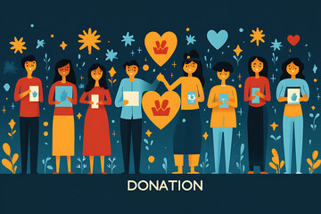 Flat art style illustration showing a fundraising event with people donating, holding charity symbols, and supporting a philanthropic cause.
