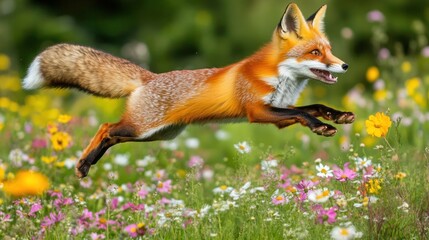 Fototapeta premium A red fox leaps through a field of wildflowers, its bushy tail trailing behind.