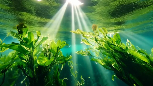 Sunlight streams through the water, illuminating the lush green seaweed in a vibrant underwater scene