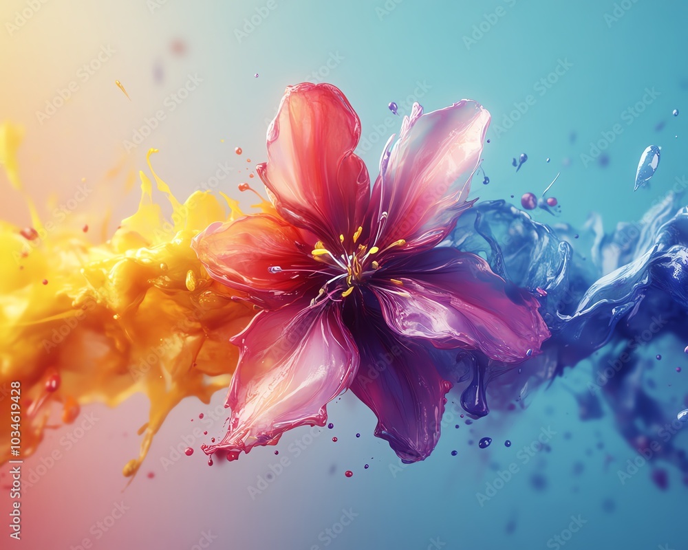 Aufkleber Colorful abstract 3D rendering with a rainbow ink splatter background