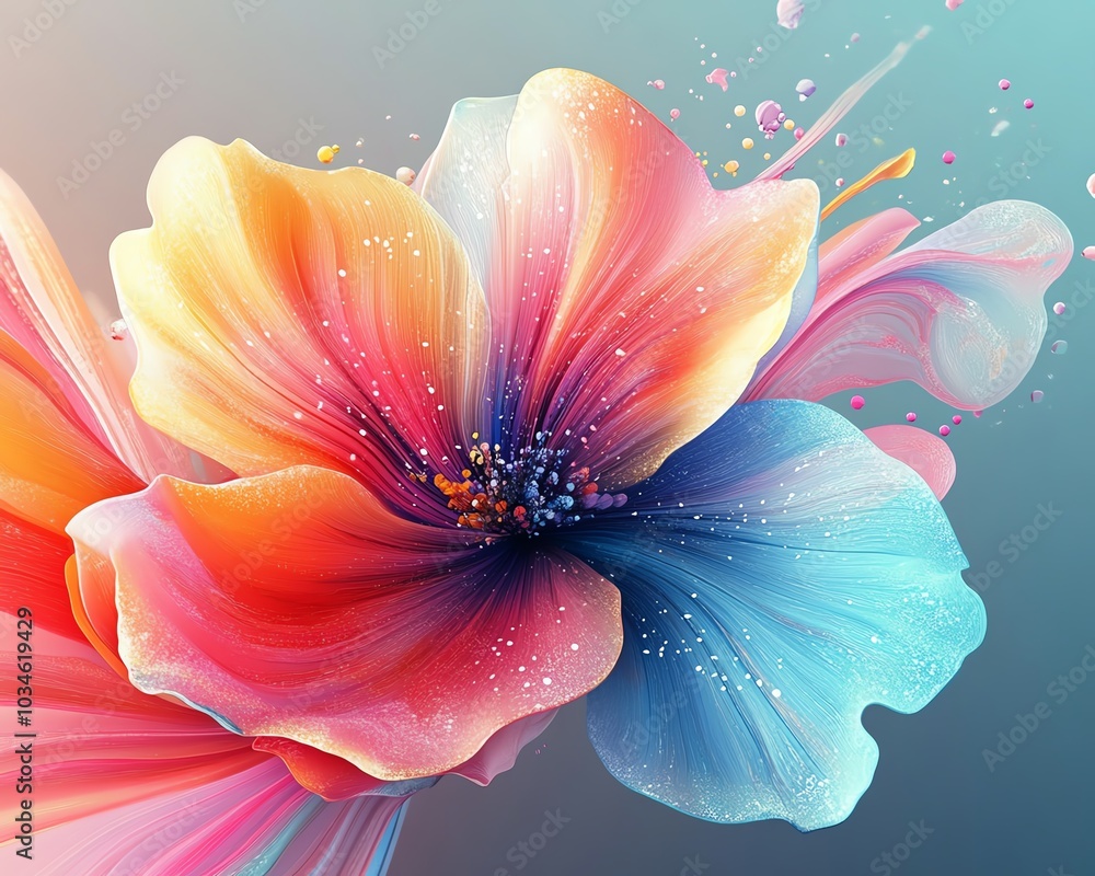 Poster colorful abstract 3d rendering with a rainbow ink splatter background