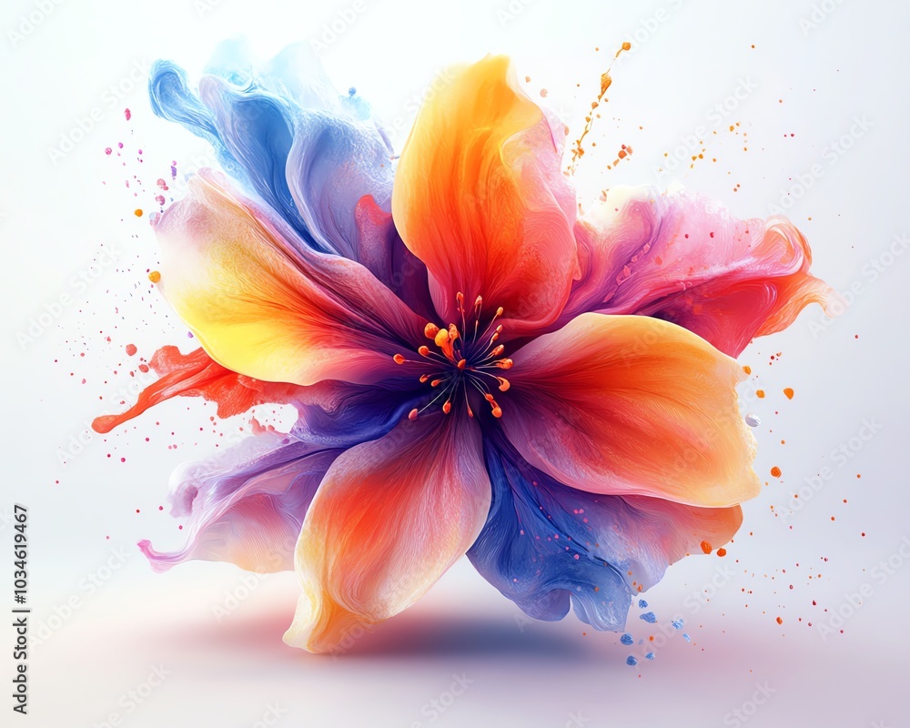 Poster colorful abstract 3d rendering with a rainbow ink splatter background
