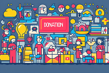 Flat art style illustration showing a fundraising event with people donating, holding charity symbols, and supporting a philanthropic cause.
