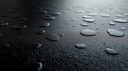 Water droplets collect on a smooth dark surface, reflecting soft light and creating a serene atmosphere after a rainfall. The contrast enhances their beauty and texture.