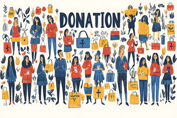 Flat art style illustration showing a fundraising event with people donating, holding charity symbols, and supporting a philanthropic cause.
