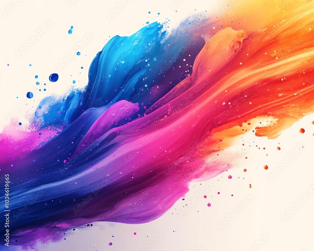 Poster dynamic 3d rendering with rainbow color ink splatter background, fantasy floral texture in watercolo