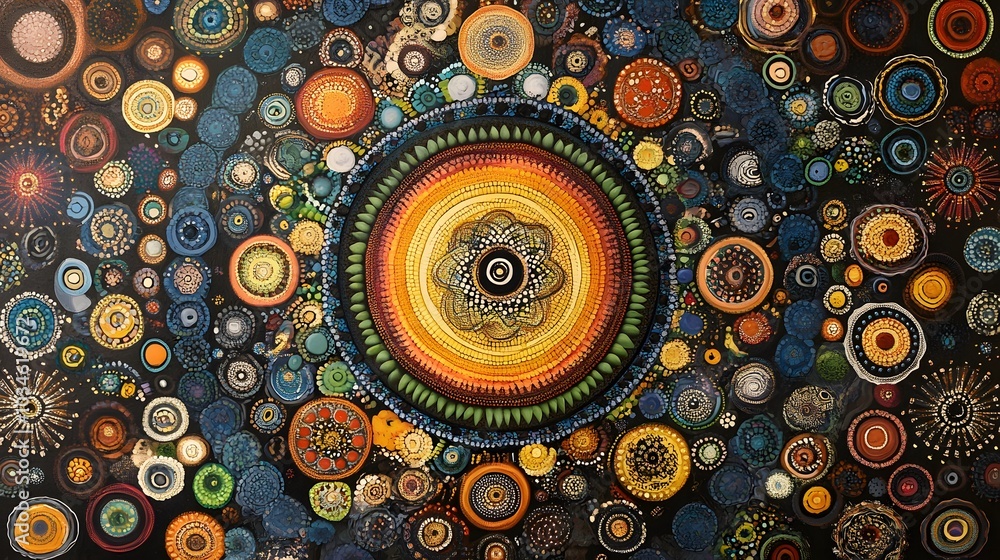 Poster a colorful painting of a circle with many different colored circles inside it. the painting is abstr
