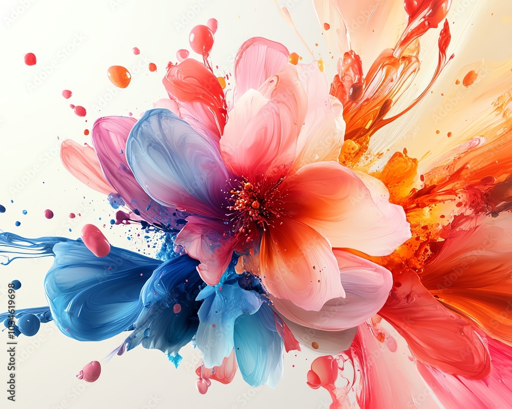Poster dynamic 3d rendering with rainbow color ink splatter background, fantasy floral texture in watercolo