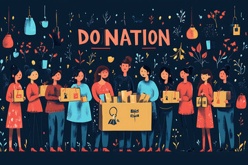 Flat art style illustration showing a fundraising event with people donating, holding charity symbols, and supporting a philanthropic cause.
