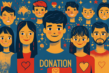 Flat art style illustration showing a fundraising event with people donating, holding charity symbols, and supporting a philanthropic cause.

