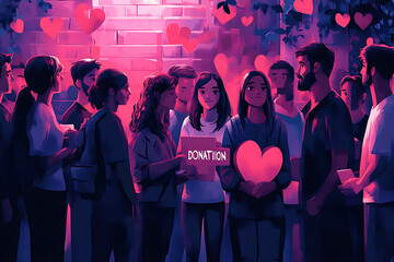 Flat art style illustration showing a fundraising event with people donating, holding charity symbols, and supporting a philanthropic cause.
