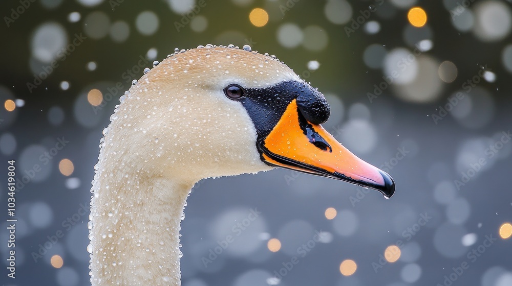 Poster close-up portrait of a swan with water droplets on its feathers, against a bokeh background of light