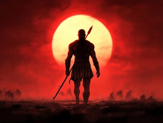 A battle-scarred Spartan warrior standing in the midst of a blood-red sunset, his broken spear in hand, with a desolate battlefield behind him, shrouded in smoke