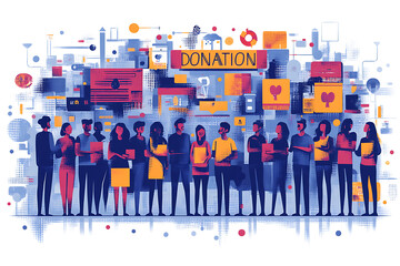 Flat art style illustration showing a fundraising event with people donating, holding charity symbols, and supporting a philanthropic cause.

