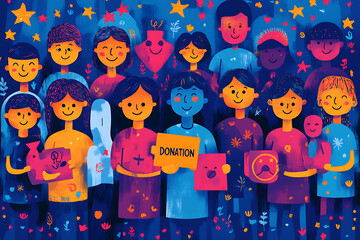 Flat art style illustration showing a fundraising event with people donating, holding charity symbols, and supporting a philanthropic cause.
