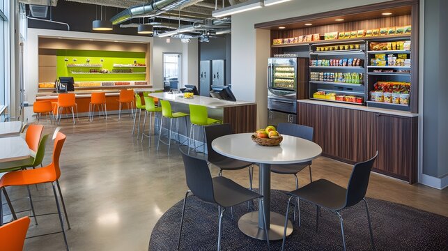 121. A stylish office break room with snacks and space for a product