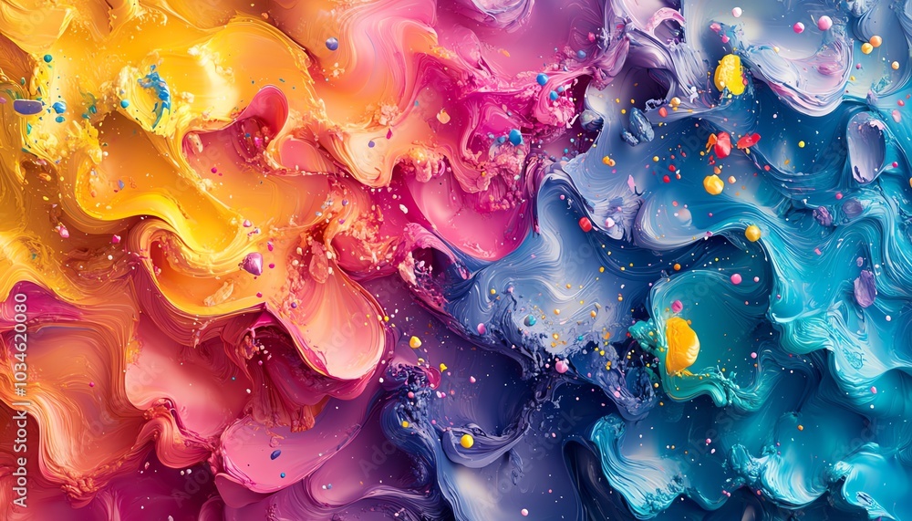 Poster Vibrant abstract 3D rendering of a rainbow ink splatter background