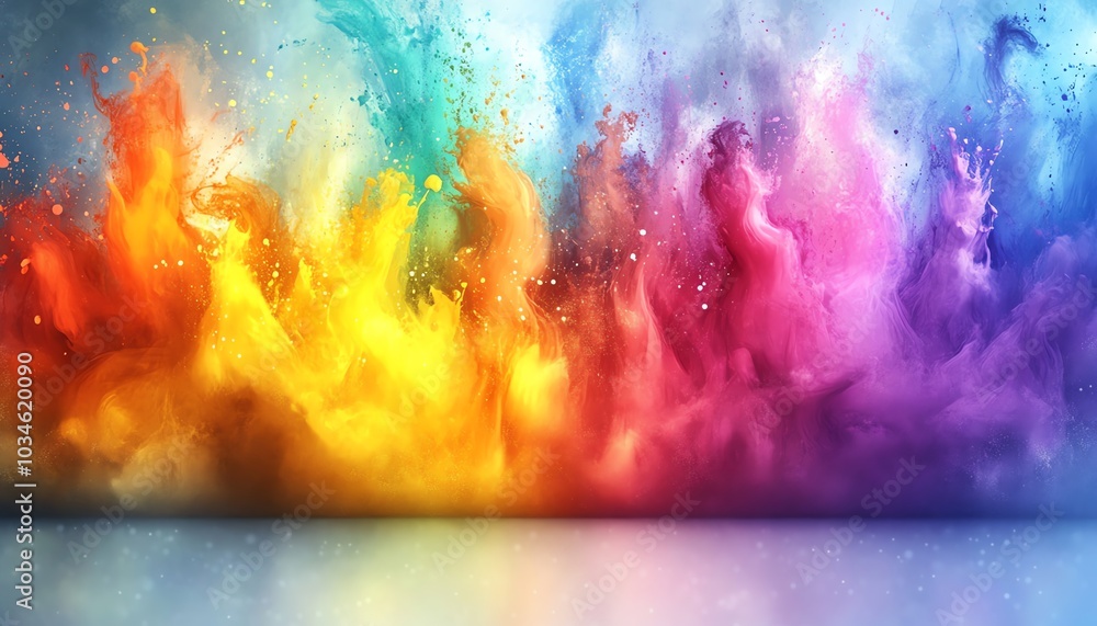 Poster Vibrant abstract 3D rendering of a rainbow ink splatter background