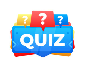 Online quiz app interface with question marks on colorful speech bubbles