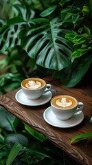 A cozy coffee shop scene with two cups of latte on an old wooden table surrounded by lush green plants, the rich texture and earthy tones creating a warm ambiance perfect for editorial photography