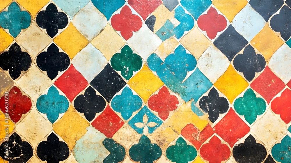 Poster a colorful mosaic tile pattern with a variety of shapes and colors. the tiles are arranged in a way 