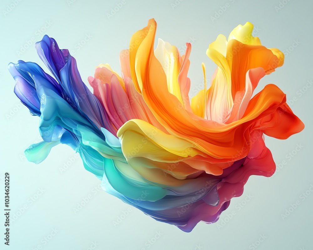 Poster abstract 3d rendering displaying rainbow color ink splatter background, watercolor fantasy flower te